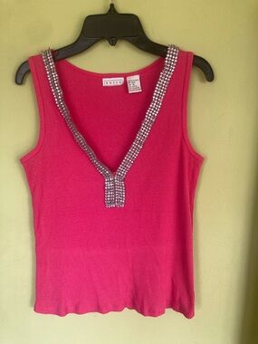 VOICE Hot Pink Ribbed Tank with Rhinestone V-Neck